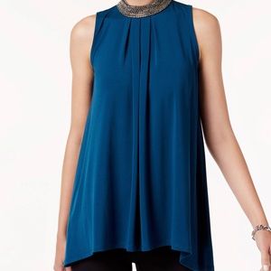 Alfani Petite Beaded-Neck Handkerchief Hem Top